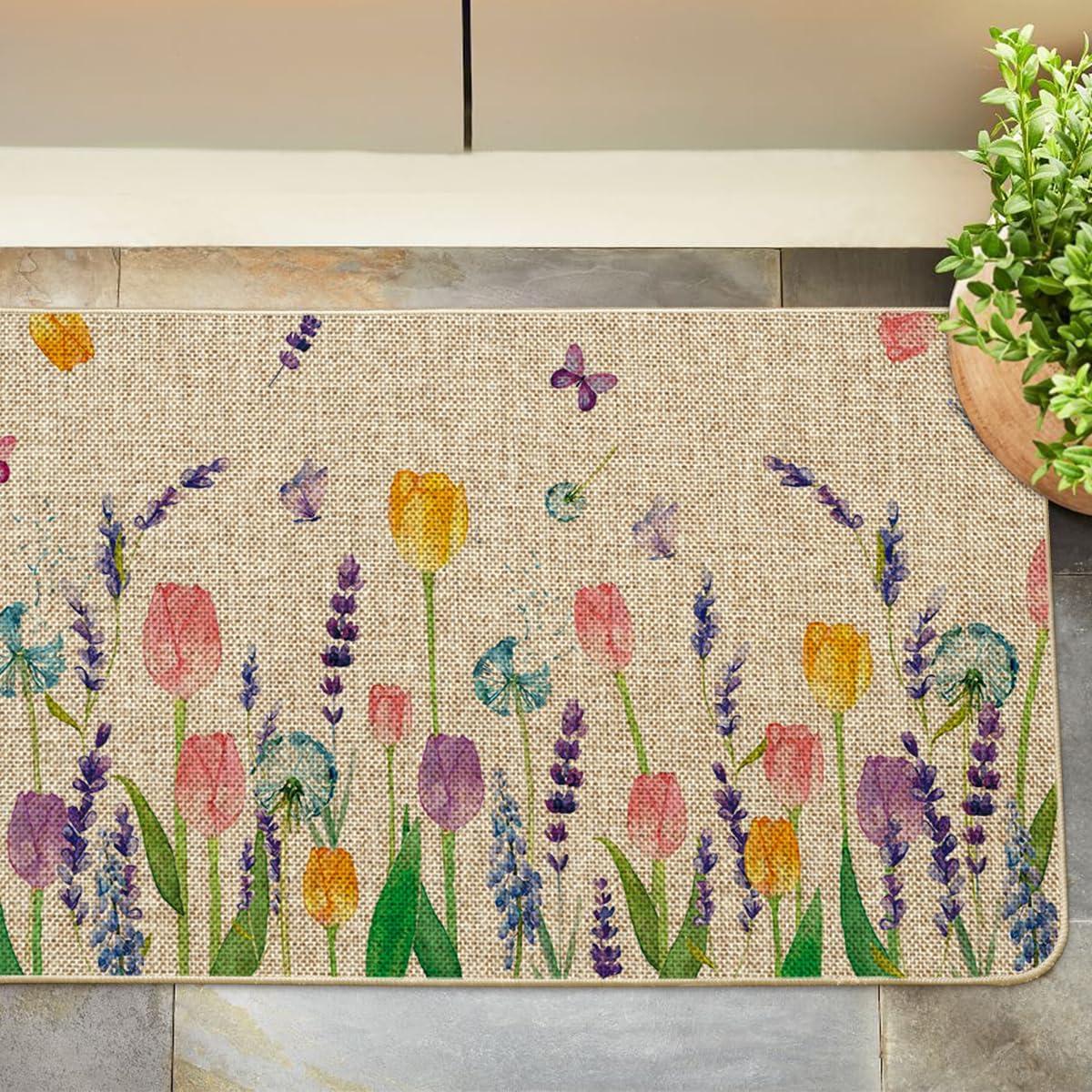 imageArtoid Mode Tulip Lavender Spring Decorative Doormat Seasonal Flower Summer Holiday LowProfile Rug Switch Mat for Indoor Outdoor 17x29 InchBeige