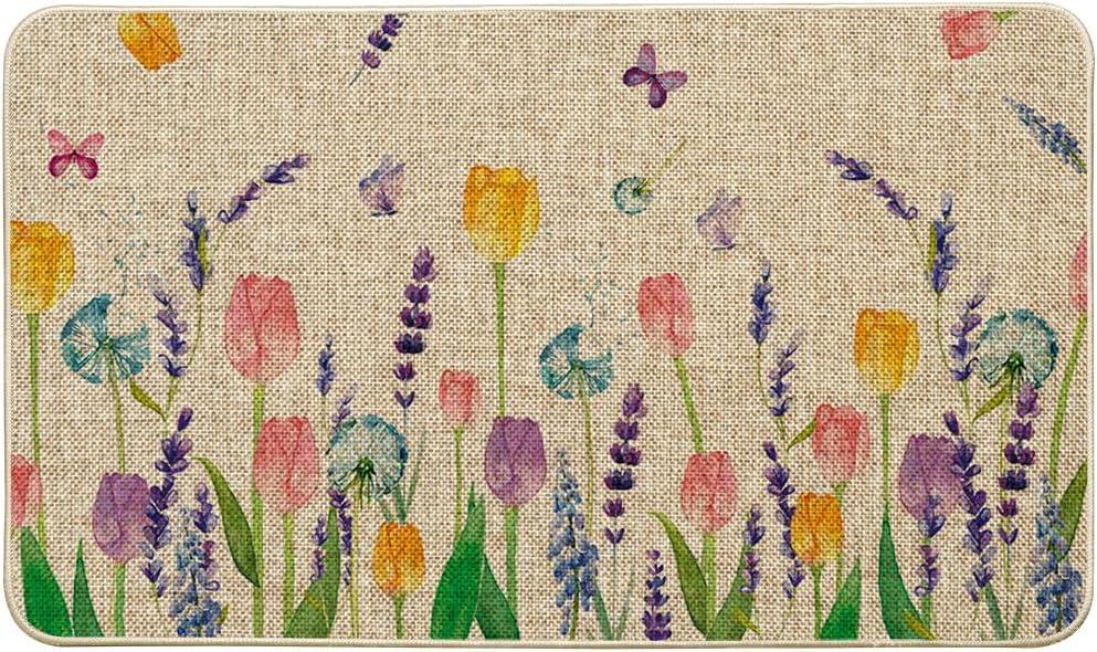 imageArtoid Mode Tulip Lavender Spring Decorative Doormat Seasonal Flower Summer Holiday LowProfile Rug Switch Mat for Indoor Outdoor 17x29 InchBeige