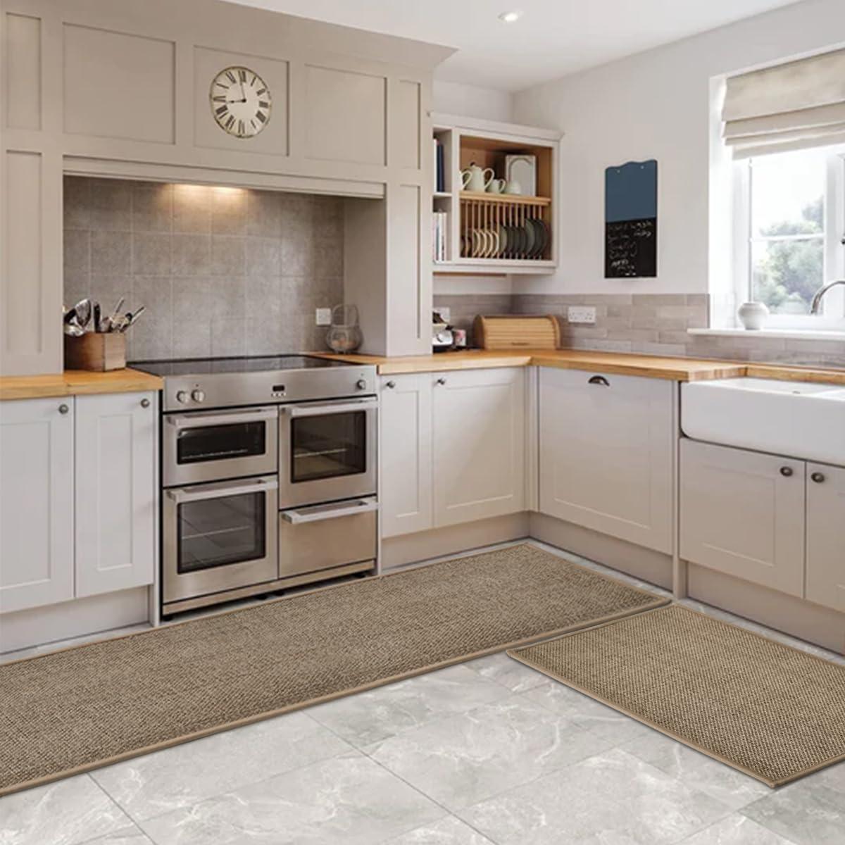 imageArtoid Mode Washable Non Slip Kitchen Rugs and Mats Set of 2 Rubber Backing Absorbent Kitchen Mats for Floor Front of Sink 17x29 and 17x47 InchBeige Grey