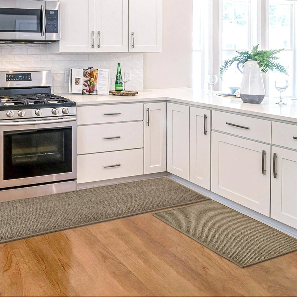 imageArtoid Mode Washable Non Slip Kitchen Rugs and Mats Set of 2 Rubber Backing Absorbent Kitchen Mats for Floor Front of Sink 17x29 and 17x47 InchBeige Grey