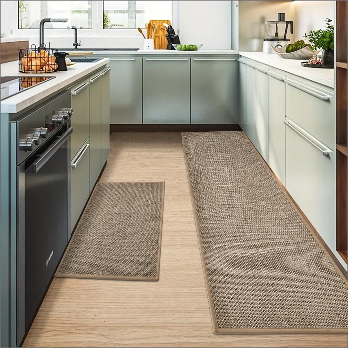 imageArtoid Mode Washable Non Slip Kitchen Rugs and Mats Set of 2 Rubber Backing Absorbent Kitchen Mats for Floor Front of Sink 17x29 and 17x47 InchBeige Grey