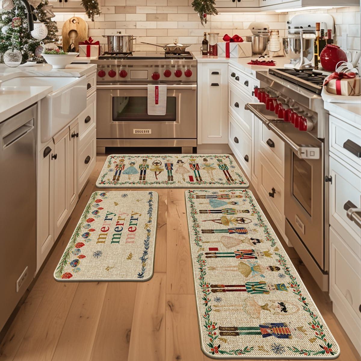 imageArtoid Mode Watercolor Nutcrackers Merry Christmas Decorative Kitchen Mats Set of 2 Home Party LowProfile Kitchen Rugs 17x29 and 17x47 InchBeige