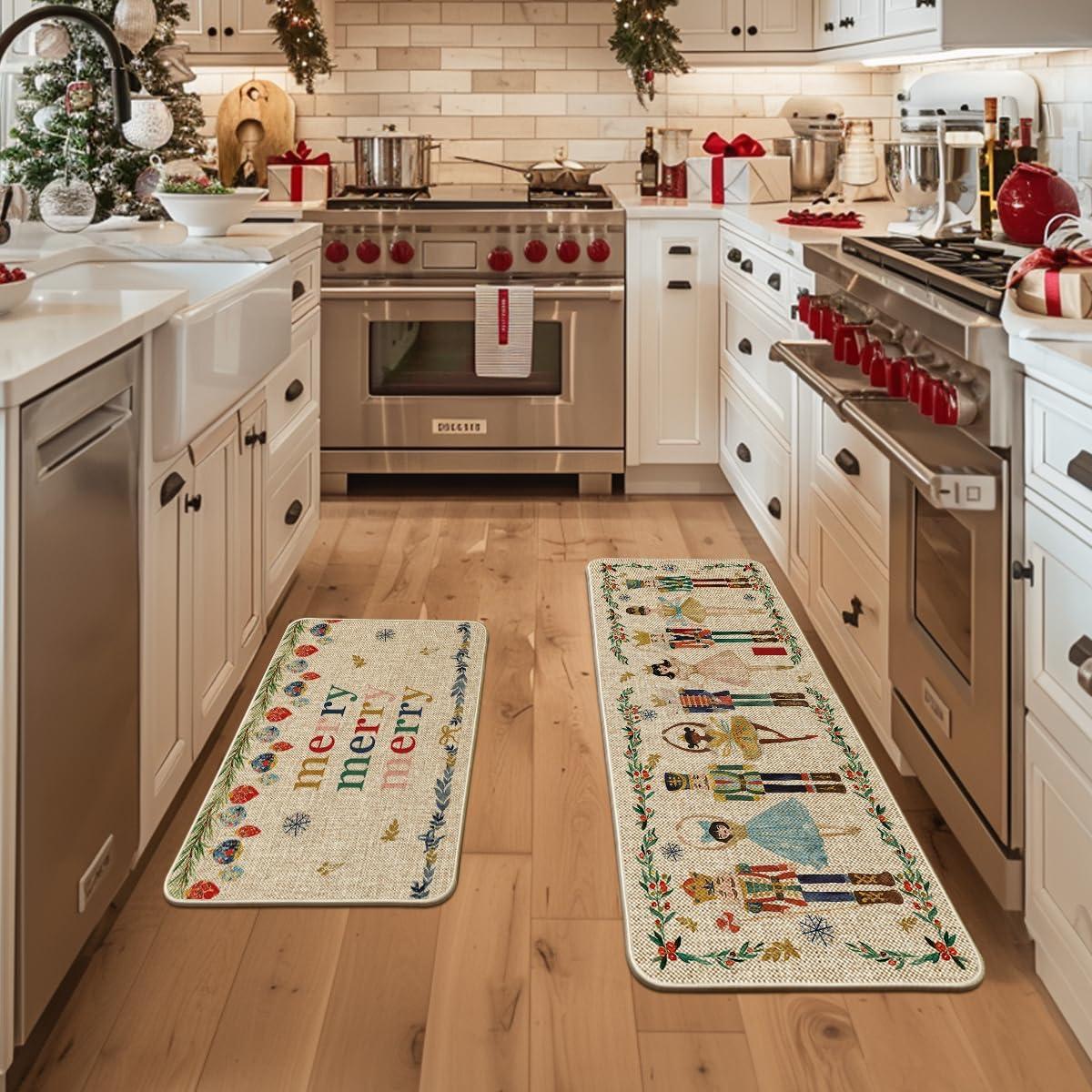 imageArtoid Mode Watercolor Nutcrackers Merry Christmas Decorative Kitchen Mats Set of 2 Home Party LowProfile Kitchen Rugs 17x29 and 17x47 InchBeige