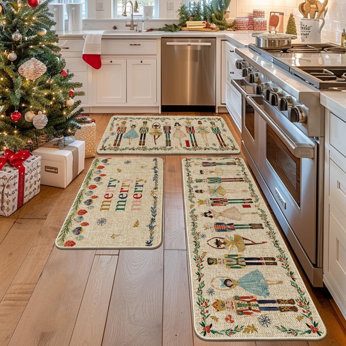 imageArtoid Mode Watercolor Nutcrackers Merry Christmas Decorative Kitchen Mats Set of 2 Home Party LowProfile Kitchen Rugs 17x29 and 17x47 InchBeige