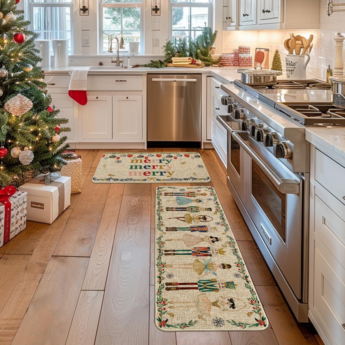 imageArtoid Mode Watercolor Nutcrackers Merry Christmas Decorative Kitchen Mats Set of 2 Home Party LowProfile Kitchen Rugs 17x29 and 17x47 InchBeige