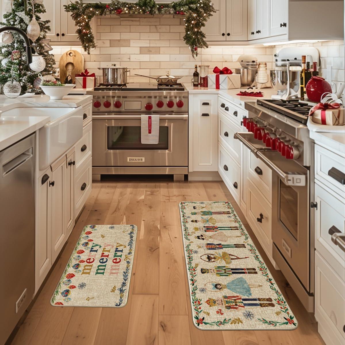 imageArtoid Mode Watercolor Nutcrackers Merry Christmas Decorative Kitchen Mats Set of 2 Home Party LowProfile Kitchen Rugs 17x29 and 17x47 InchBeige