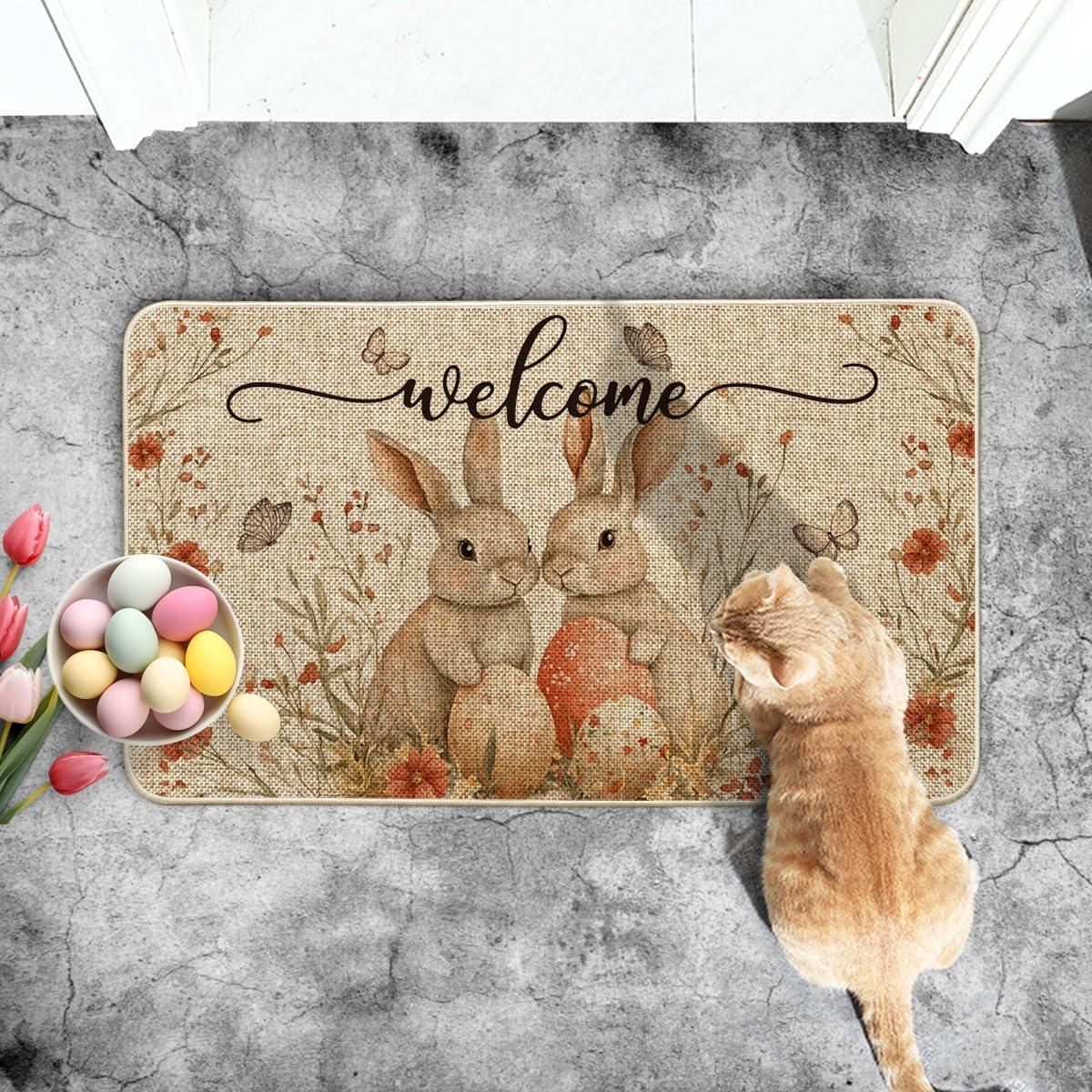 imageArtoid Mode Welcome Rabbit Bunny Egg Flowers Easter Doormat Home Decor LowProfile Switch Rug Door Mat Floor Mat for Indoor Outdoor 17x29 Inch