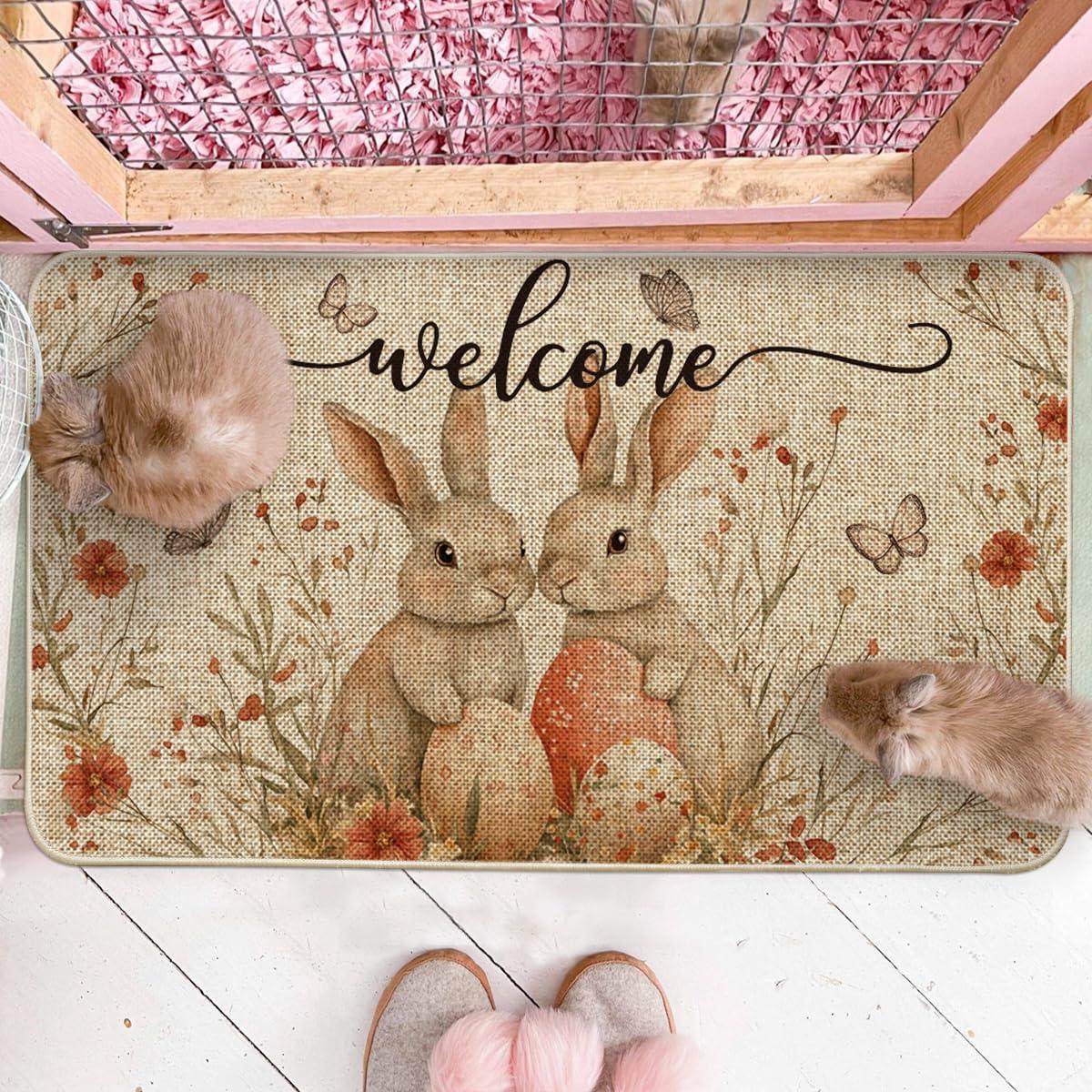imageArtoid Mode Welcome Rabbit Bunny Egg Flowers Easter Doormat Home Decor LowProfile Switch Rug Door Mat Floor Mat for Indoor Outdoor 17x29 Inch