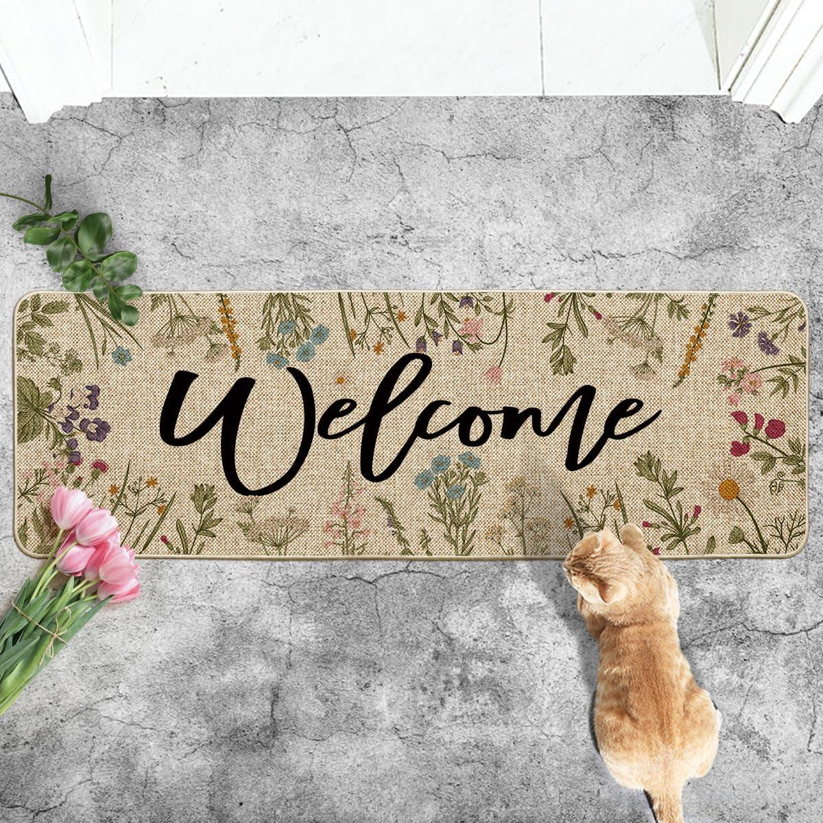 imageArtoid Mode Wild Flowers Welcome Summer Doormat Spring Home Decor LowProfile Switch Rug Door Mat Floor Mat for Indoor Outdoor 17x29 InchBeige