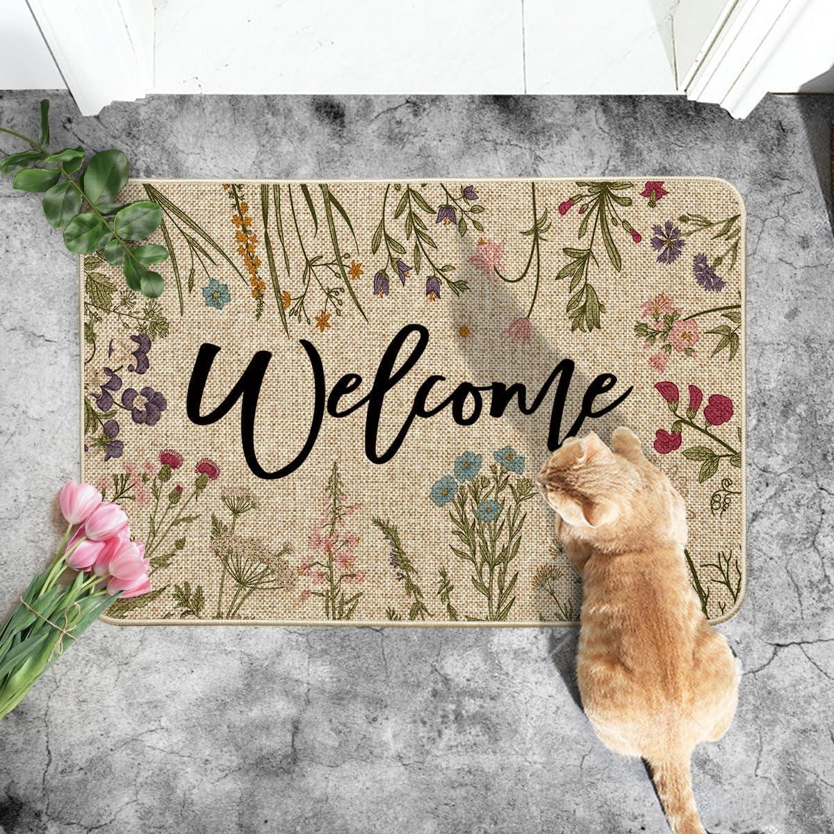 imageArtoid Mode Wild Flowers Welcome Summer Doormat Spring Home Decor LowProfile Switch Rug Door Mat Floor Mat for Indoor Outdoor 17x29 InchBeige