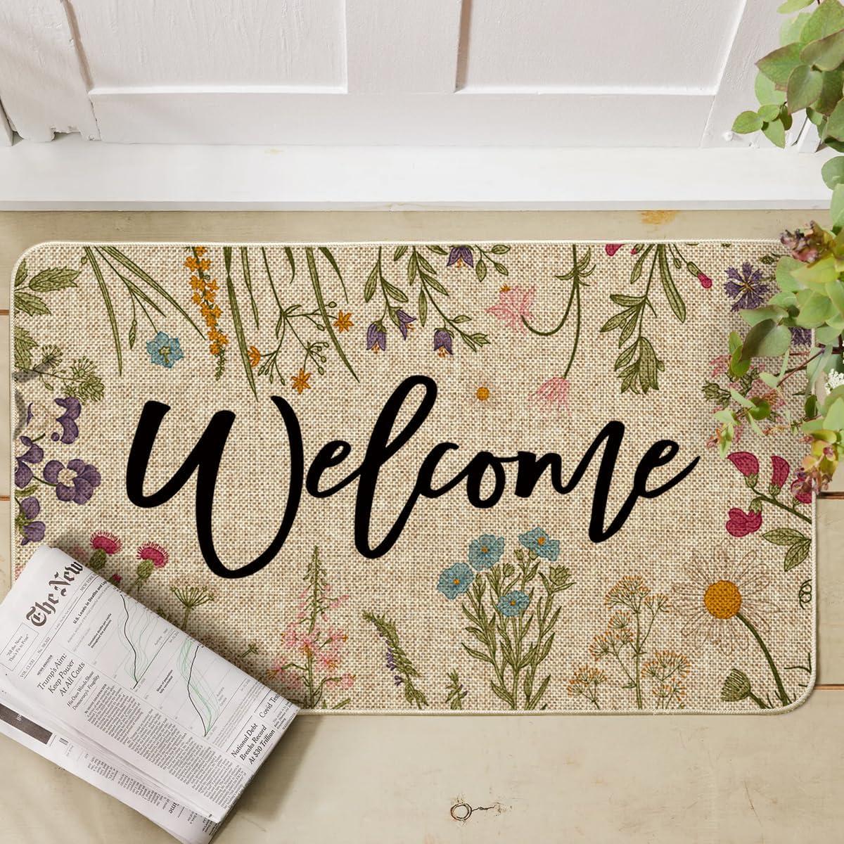 imageArtoid Mode Wild Flowers Welcome Summer Doormat Spring Home Decor LowProfile Switch Rug Door Mat Floor Mat for Indoor Outdoor 17x29 InchBeige