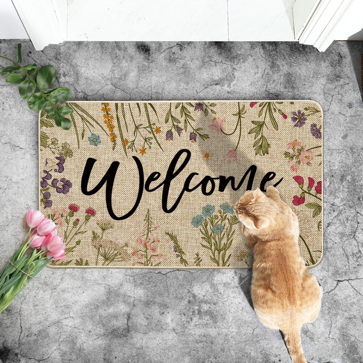 imageArtoid Mode Wild Flowers Welcome Summer Doormat Spring Home Decor LowProfile Switch Rug Door Mat Floor Mat for Indoor Outdoor 17x29 InchBeige