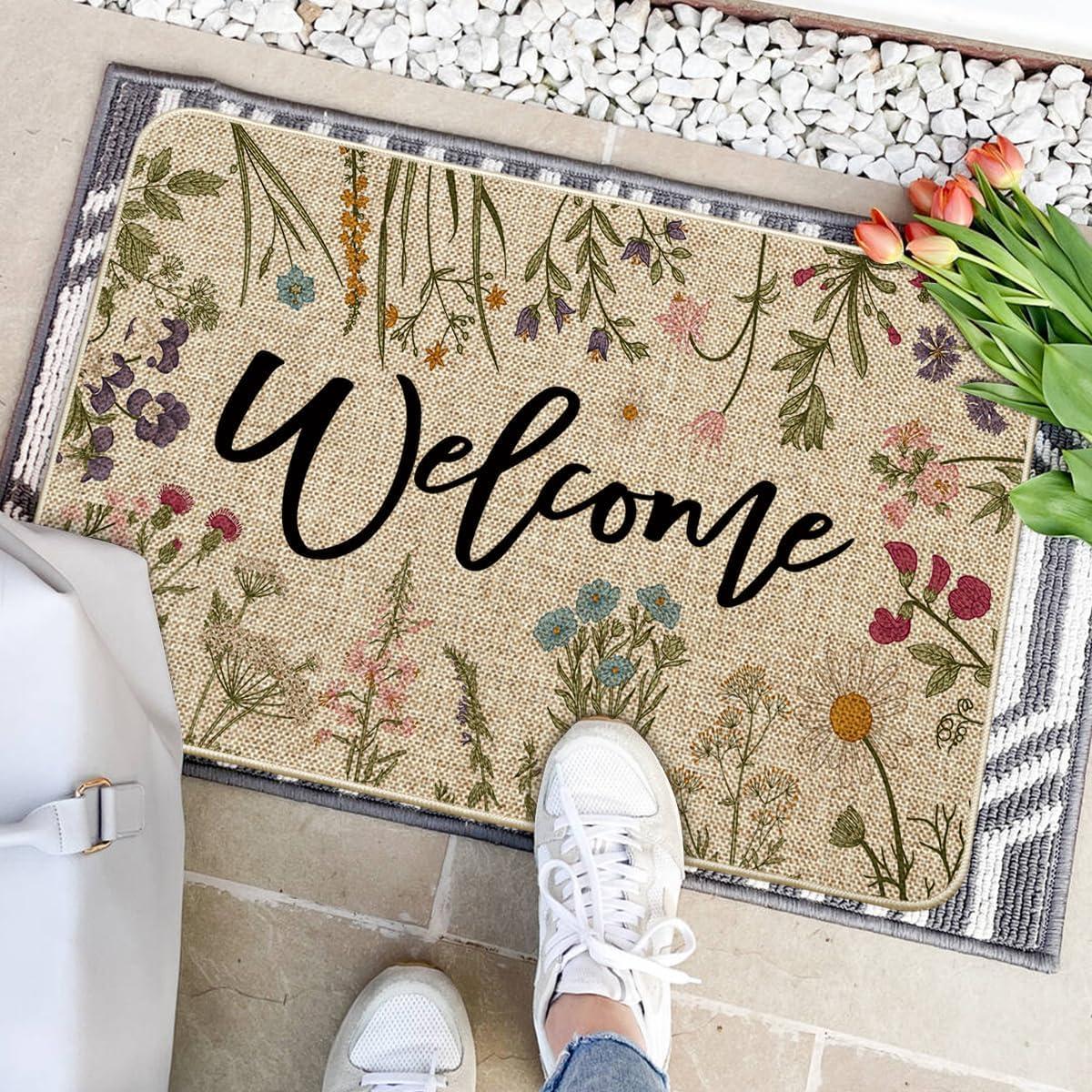 imageArtoid Mode Wild Flowers Welcome Summer Doormat Spring Home Decor LowProfile Switch Rug Door Mat Floor Mat for Indoor Outdoor 17x29 InchBeige
