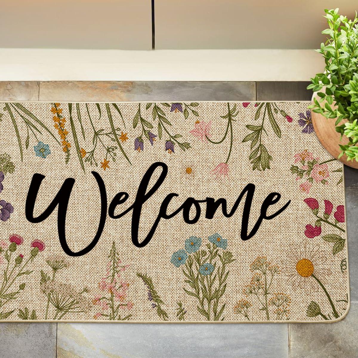 imageArtoid Mode Wild Flowers Welcome Summer Doormat Spring Home Decor LowProfile Switch Rug Door Mat Floor Mat for Indoor Outdoor 17x29 InchBeige