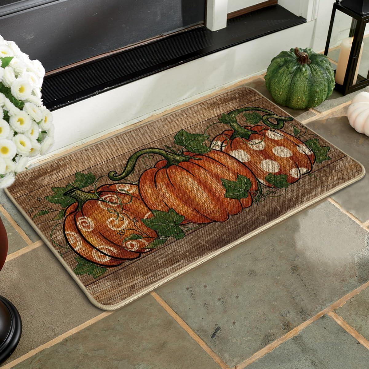 imageArtoid Mode Wood Dot Pumpkin Leaves Fall Doormat Autumn Home Decor LowProfile Switch Rug Door Mat Floor Mat for Indoor Outdoor 17x29 InchBrown