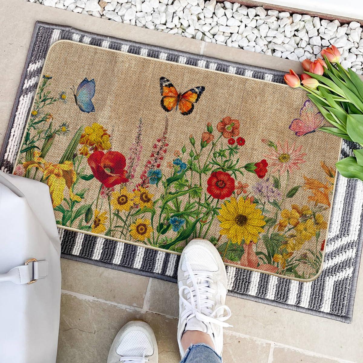 imageArtoid Mode Wood Flowers Butterfly Spring Doormat Home Summer Decor LowProfile Switch Rug Door Mat Floor Mat for Indoor Outdoor 17x29 InchBrown