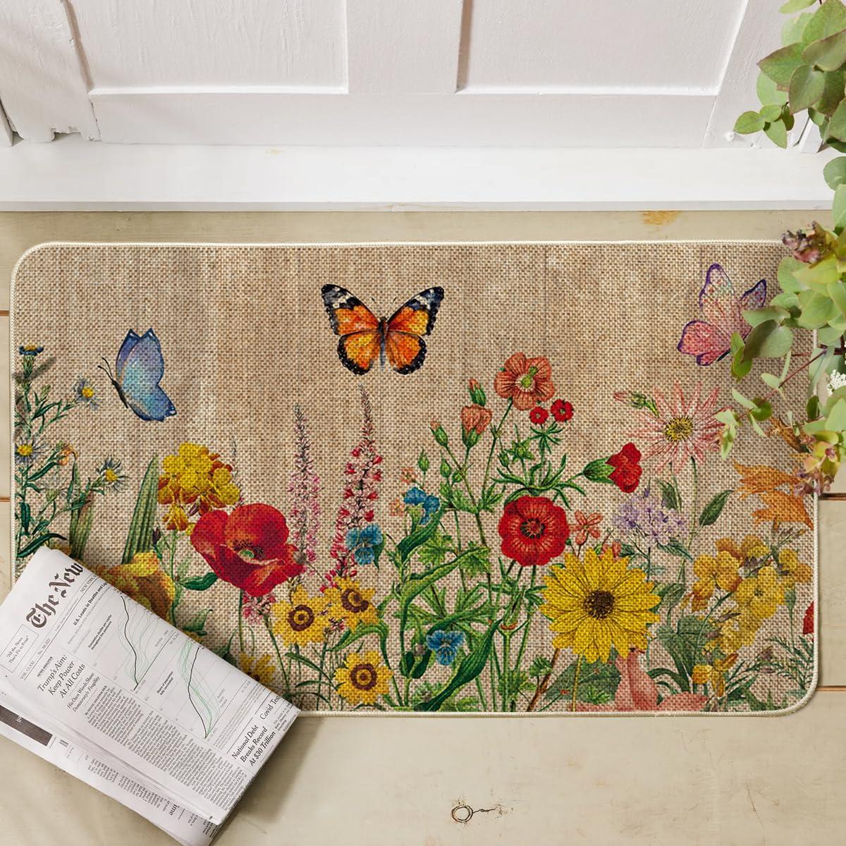 imageArtoid Mode Wood Flowers Butterfly Spring Doormat Home Summer Decor LowProfile Switch Rug Door Mat Floor Mat for Indoor Outdoor 17x29 InchBrown