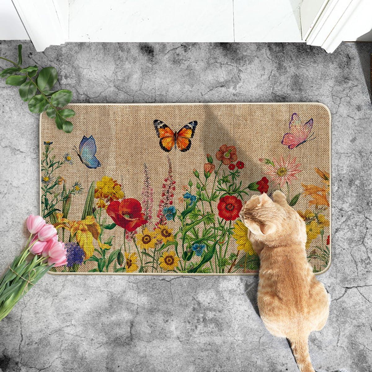 imageArtoid Mode Wood Flowers Butterfly Spring Doormat Home Summer Decor LowProfile Switch Rug Door Mat Floor Mat for Indoor Outdoor 17x29 InchBrown
