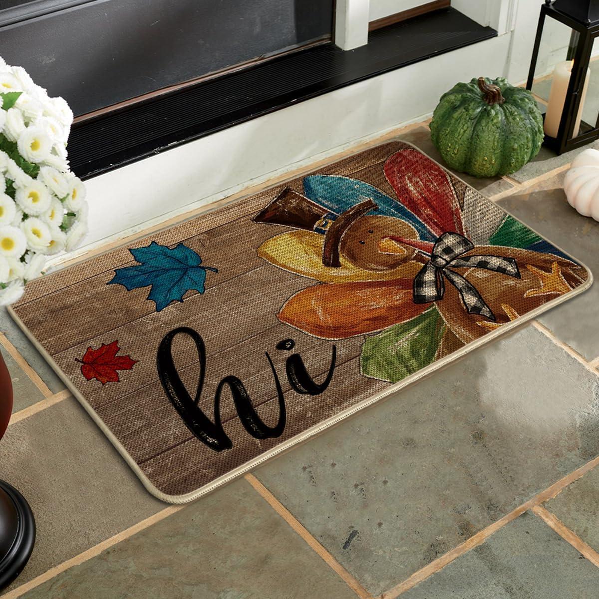 imageArtoid Mode Wood Leaves Hi Turkey Thanksgiving Doormat Thanksful Home Decor LowProfile Switch Rug Floor Mat Door Mat for Outdoor Indoor 17x29 Inch