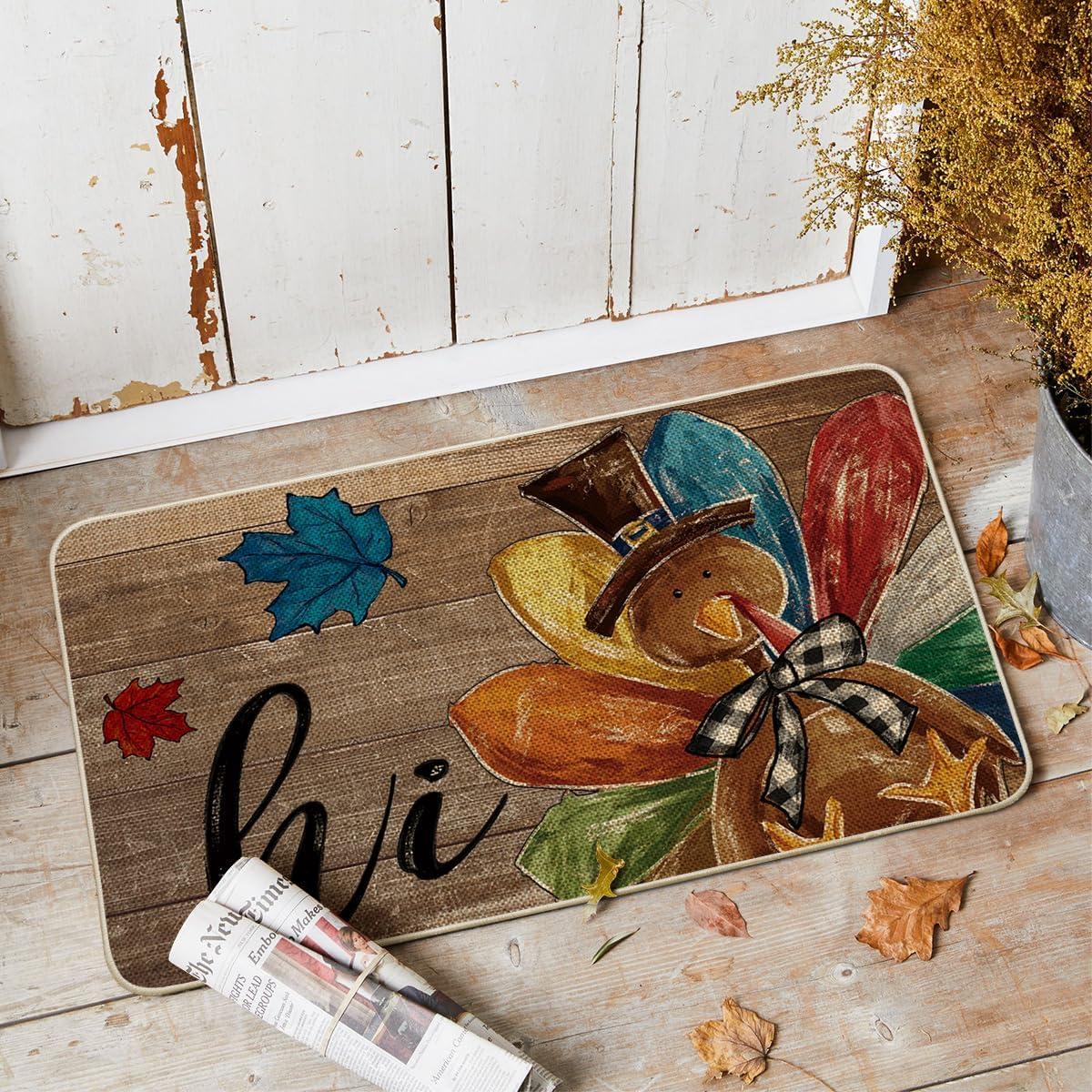 imageArtoid Mode Wood Leaves Hi Turkey Thanksgiving Doormat Thanksful Home Decor LowProfile Switch Rug Floor Mat Door Mat for Outdoor Indoor 17x29 Inch