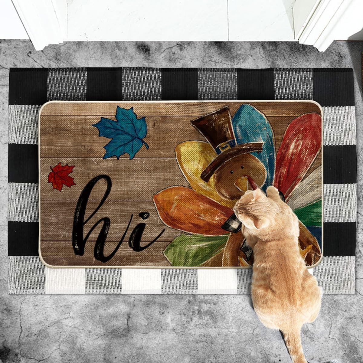 imageArtoid Mode Wood Leaves Hi Turkey Thanksgiving Doormat Thanksful Home Decor LowProfile Switch Rug Floor Mat Door Mat for Outdoor Indoor 17x29 Inch