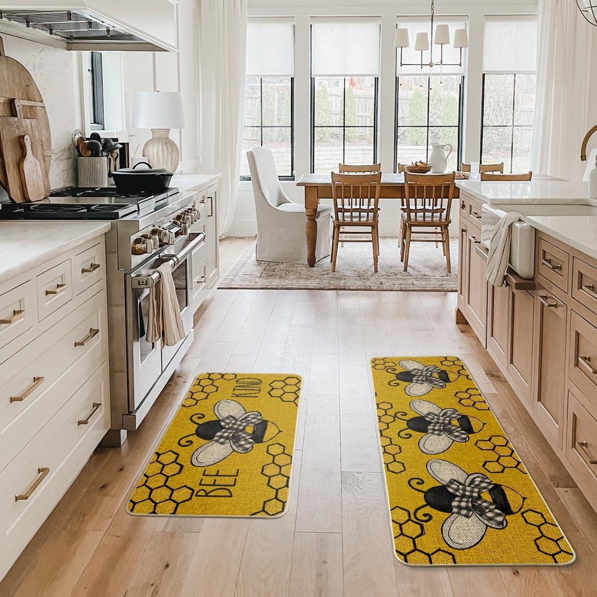 imageArtoid Mode Yellow Bee Kind Spring Kitchen Mats Set of 2 Summer Home Decor LowProfile Kitchen Rugs for Floor 17x29 and 17x47 InchYellow