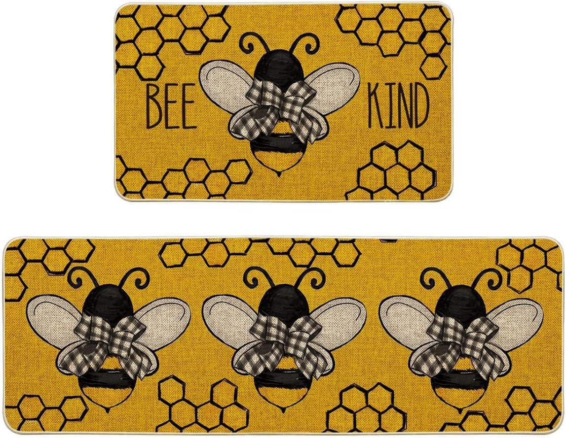 imageArtoid Mode Yellow Bee Kind Spring Kitchen Mats Set of 2 Summer Home Decor LowProfile Kitchen Rugs for Floor 17x29 and 17x47 InchYellow