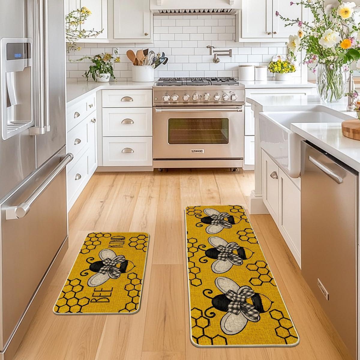imageArtoid Mode Yellow Bee Kind Spring Kitchen Mats Set of 2 Summer Home Decor LowProfile Kitchen Rugs for Floor 17x29 and 17x47 InchYellow