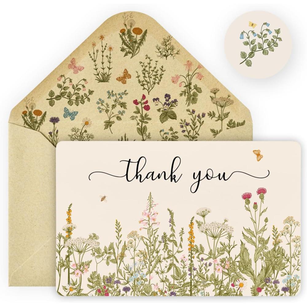 imageArtoid Mode 24 Pack Fall Wildflower Thank You Cards Floral Leaves Gift With Envelope Sticker Blank Note Cards for Birthday Wedding Baby Shower Bridal Shower 4 x 6 InchBrown
