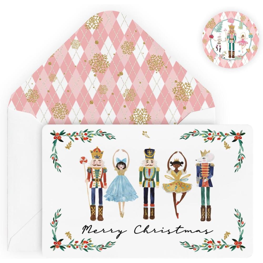 imageArtoid Mode 24 Pack Holly Nutcrackers Merry Christmas Thank You Cards Gift With Envelope Sticker Blank Note Greeting Cards 4 x 6 InchWhite