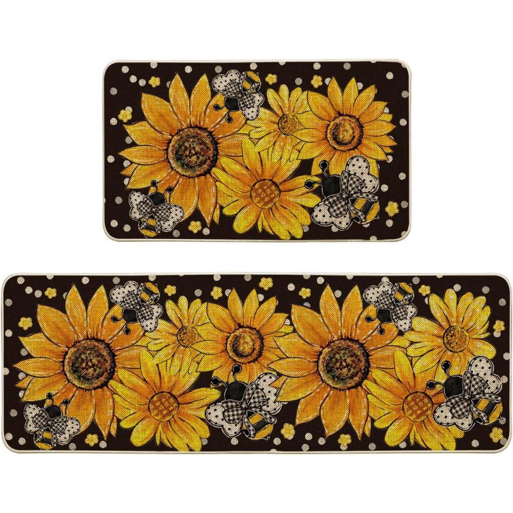 imageArtoid Mode Bee Sunflower Daisy Spring Kitchen Mats Set of 2 Black Summer Home Decor LowProfile Kitchen Rugs for Floor  17x29 and 17x47 InchBlack