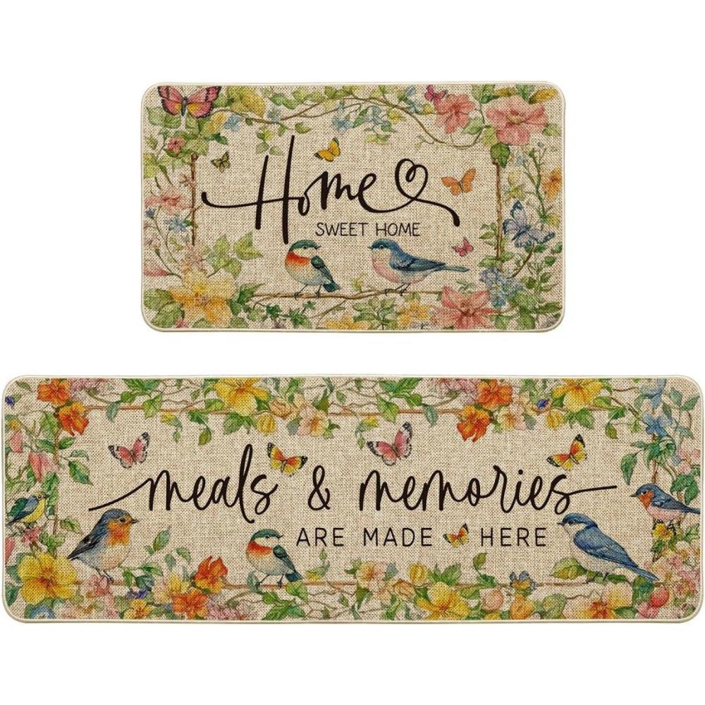 imageArtoid Mode Bird Flowers Butterfly Spring Kitchen Mats Set of 2 Summer Home Decor LowProfile Kitchen Rugs for Floor  17x29 and 17x47 Inch