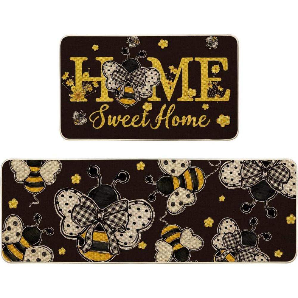 imageArtoid Mode Black Bee Home Sweet Home Spring Kitchen Mats Set of 2 Summer Home Decor LowProfile Kitchen Rugs for Floor  17x29 and 17x47 InchBlack