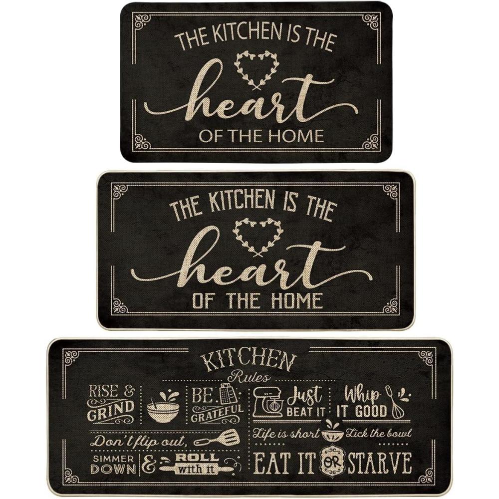 imageArtoid Mode Black Cooking Sets Kitchen Mats Set of 2 Seasonal The Kitchen is The Heart of The Home Holiday Party LowProfile Floor Mat for Home Kitchen  17x29 and 17x47 InchBlack