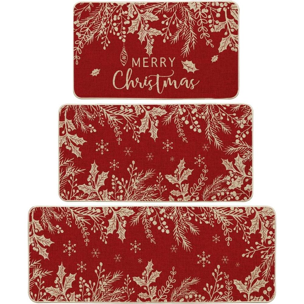 imageArtoid Mode Black Holly Pine Branches Merry Christmas Kitchen Mats Set of 2 Winter Decor LowProfile Kitchen Rugs for Floor  17x29 and 17x47 InchRed