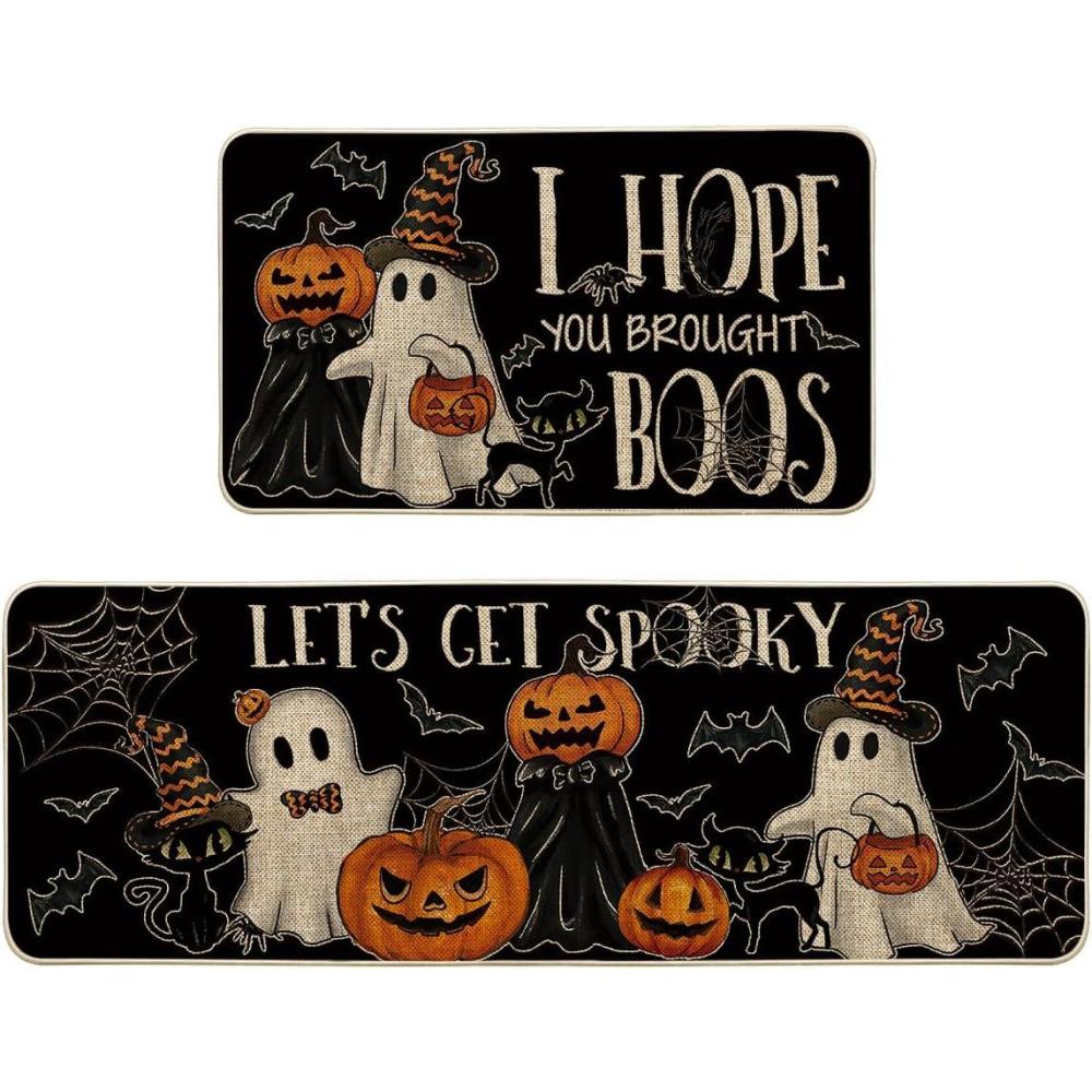 imageArtoid Mode Black I Hope You Brought Boos Spider Web Pumpkin Halloween Kitchen Mats Set of 2 Black Cat Home Decor LowProfile Kitchen Rugs for Floor  17x29 and 17x47 InchBlack