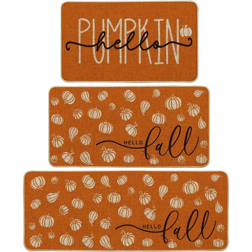 imageArtoid Mode Blue Hello Pumpkin Fall Kitchen Mats Set of 2 Autumn Home Decor LowProfile Kitchen Rugs for Floor  17x29 and 17x47 InchOrange