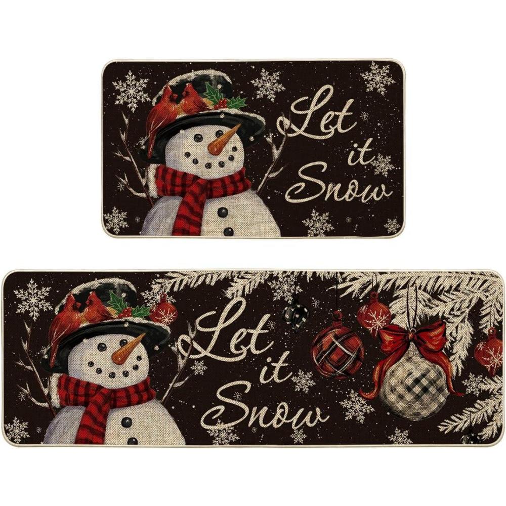 imageArtoid Mode Blue Let It Snow Snowflake Snowman Winter Kitchen Mats Set of 2 Christmas Decor LowProfile Kitchen Rugs for Floor 17x29 and 17x47 InchBlack