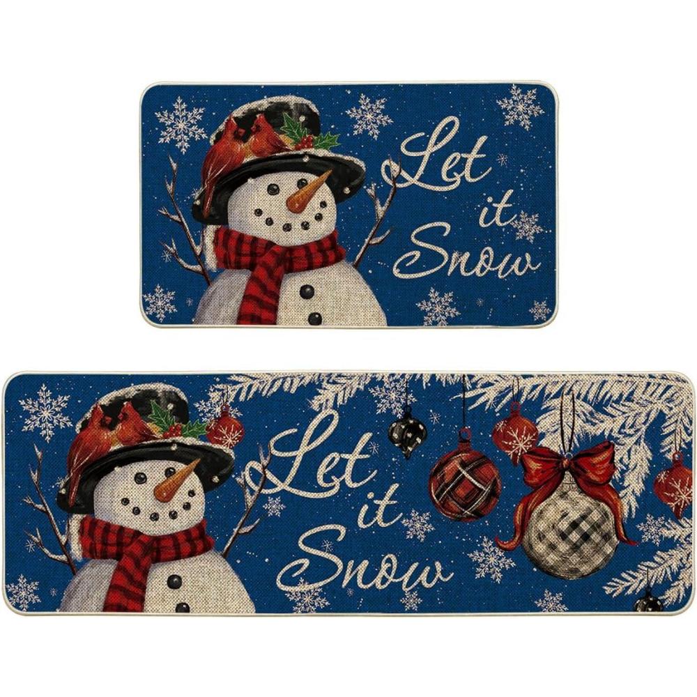 imageArtoid Mode Blue Let It Snow Snowflake Snowman Winter Kitchen Mats Set of 2 Christmas Decor LowProfile Kitchen Rugs for Floor 17x29 and 17x47 InchBlue