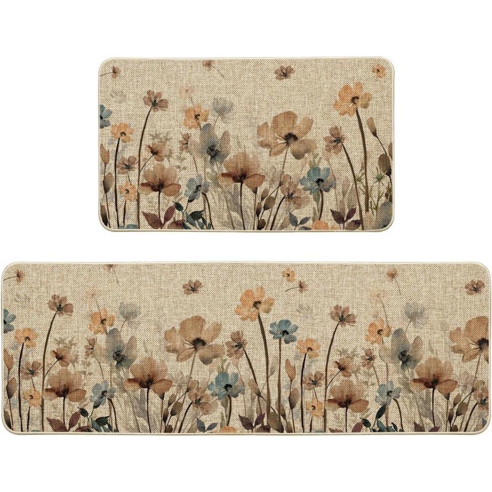 imageArtoid Mode Brown Poppy Floral Leaves Spring Kitchen Mats Set of 2 Spring Home Decor LowProfile Kitchen Rugs for Floor 17x29 and 17x47 InchBrown