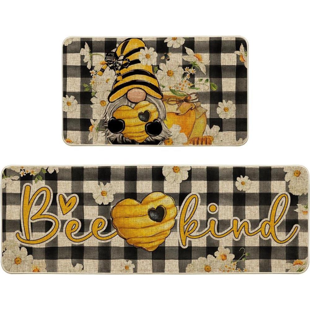 imageArtoid Mode Buffalo Plaid Gnome Bee Kind Honey Summer Kitchen Mats Set of 2 Daisy Spring Home Decor LowProfile Kitchen Rugs for Floor 17x29 and 17x47 Inch