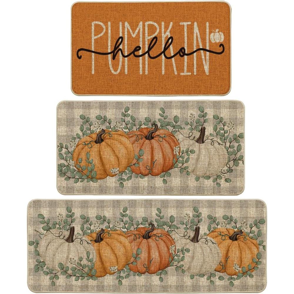 imageArtoid Mode Buffalo Plaid Hello Pumpkin Eucalyptus Fall Kitchen Mats Set of 2 Home Decor LowProfile Kitchen Rugs for Floor 17x29 and 17x47 InchOrange