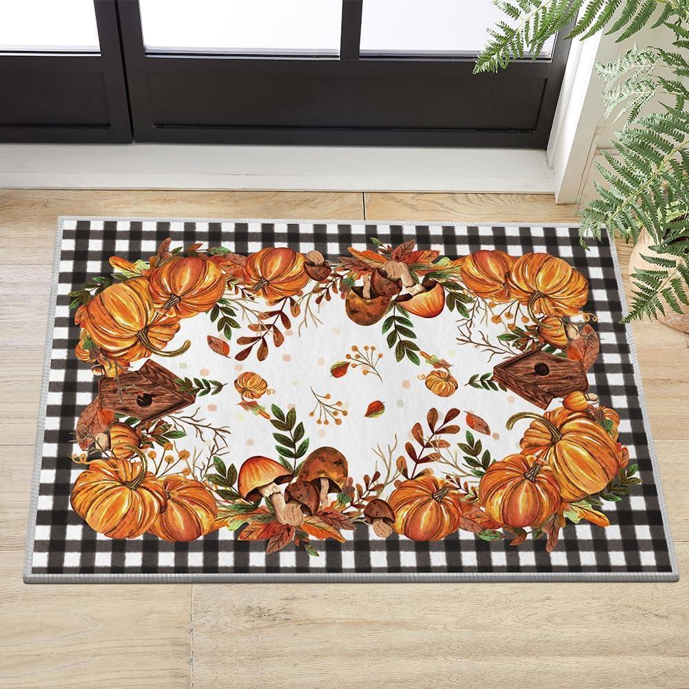 imageArtoid Mode Buffalo Plaid Pumpkins Mushrooms Birdhouse Leaves Fall Area Rug Autumn Thanksgiving Home Decor LowProfile Washable Area Rugs for Entryway Bedroom Living Room Laundry Room Indoor 5x7 FeetBlackWhite