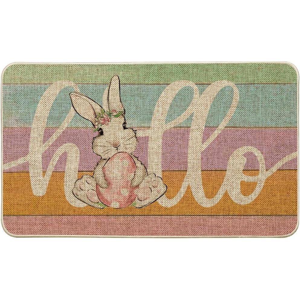 imageArtoid Mode Bunny Rabbit Pink Egg Hello Stripe Easter Doormat Home Decor LowProfile Switch Rug Door Mat Floor Mat for Indoor Outdoor 17x29 Inch