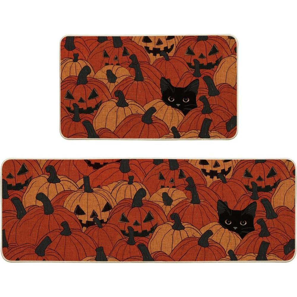 imageArtoid Mode Cat JackOLantern Pumpkin Halloween Kitchen Mats Set of 2 LowProfile Home Decor Kitchen Rugs for Floor  17x29 and 17x47 Inch
