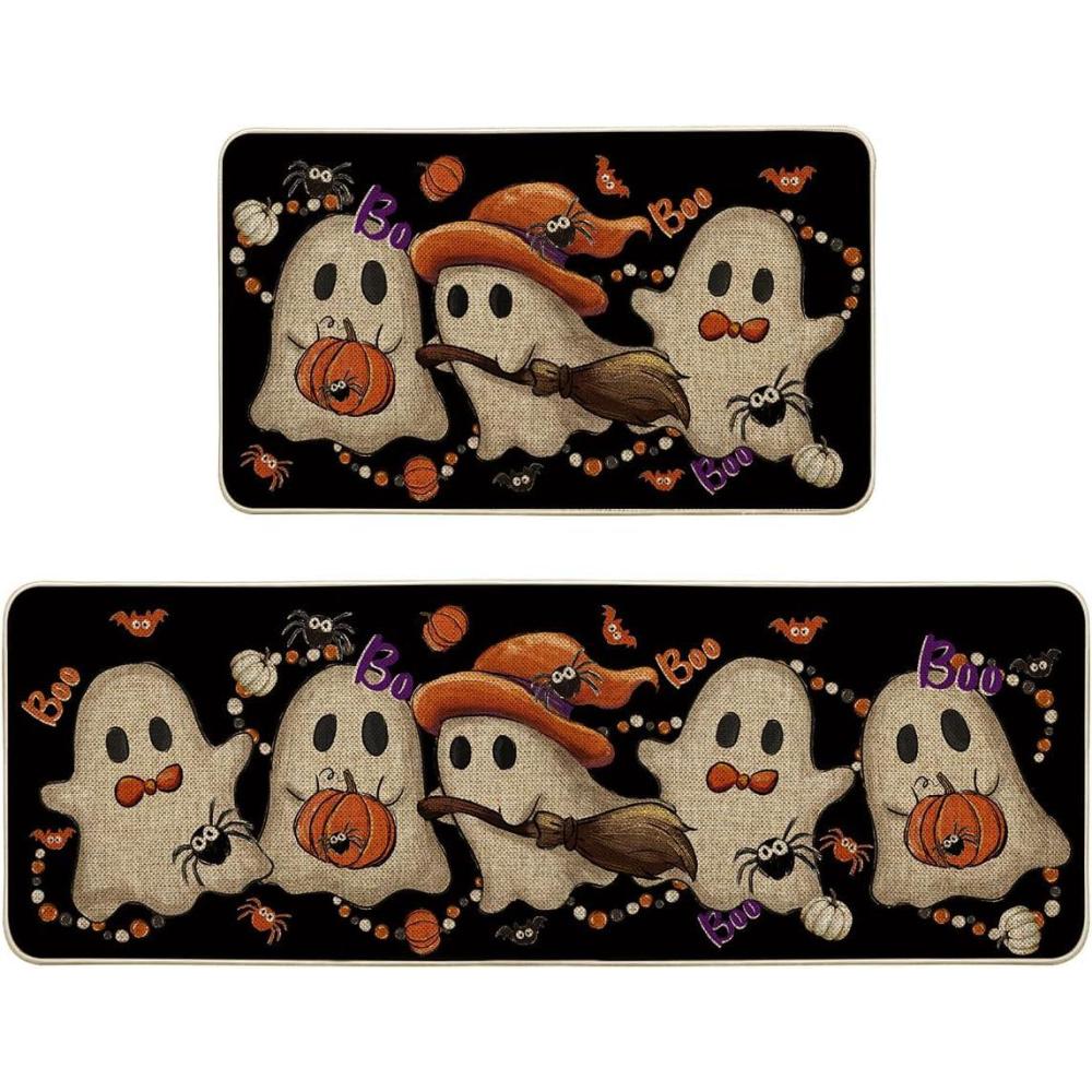 imageArtoid Mode Cute Ghost Boo Halloween Kitchen Mats Set of 2 LowProfile Home Decor Kitchen Rugs for Floor  17x29 and 17x47 Inch
