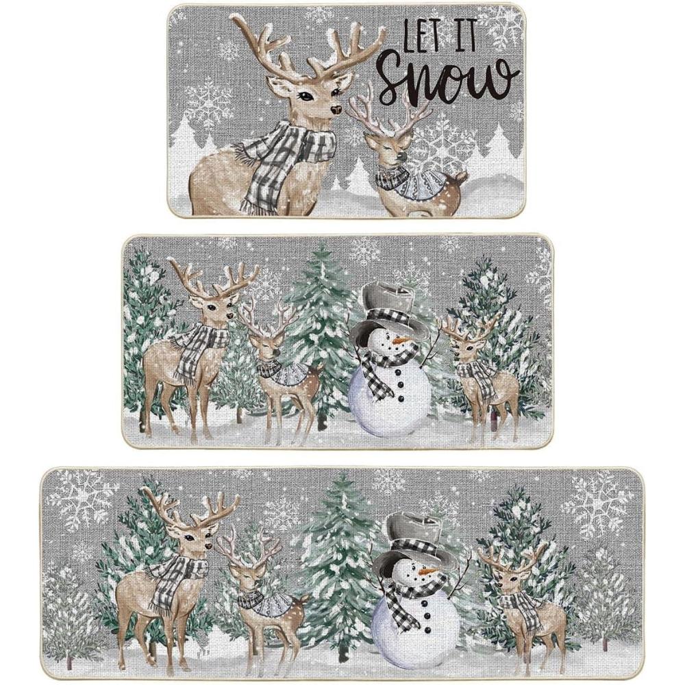 imageArtoid Mode Deer Tree Let It Sonw Snowflakes Christmas Kitchen Mats Set of 2 Winter Decor LowProfile Kitchen Rugs for Floor  17x29 and 17x47 InchSilver