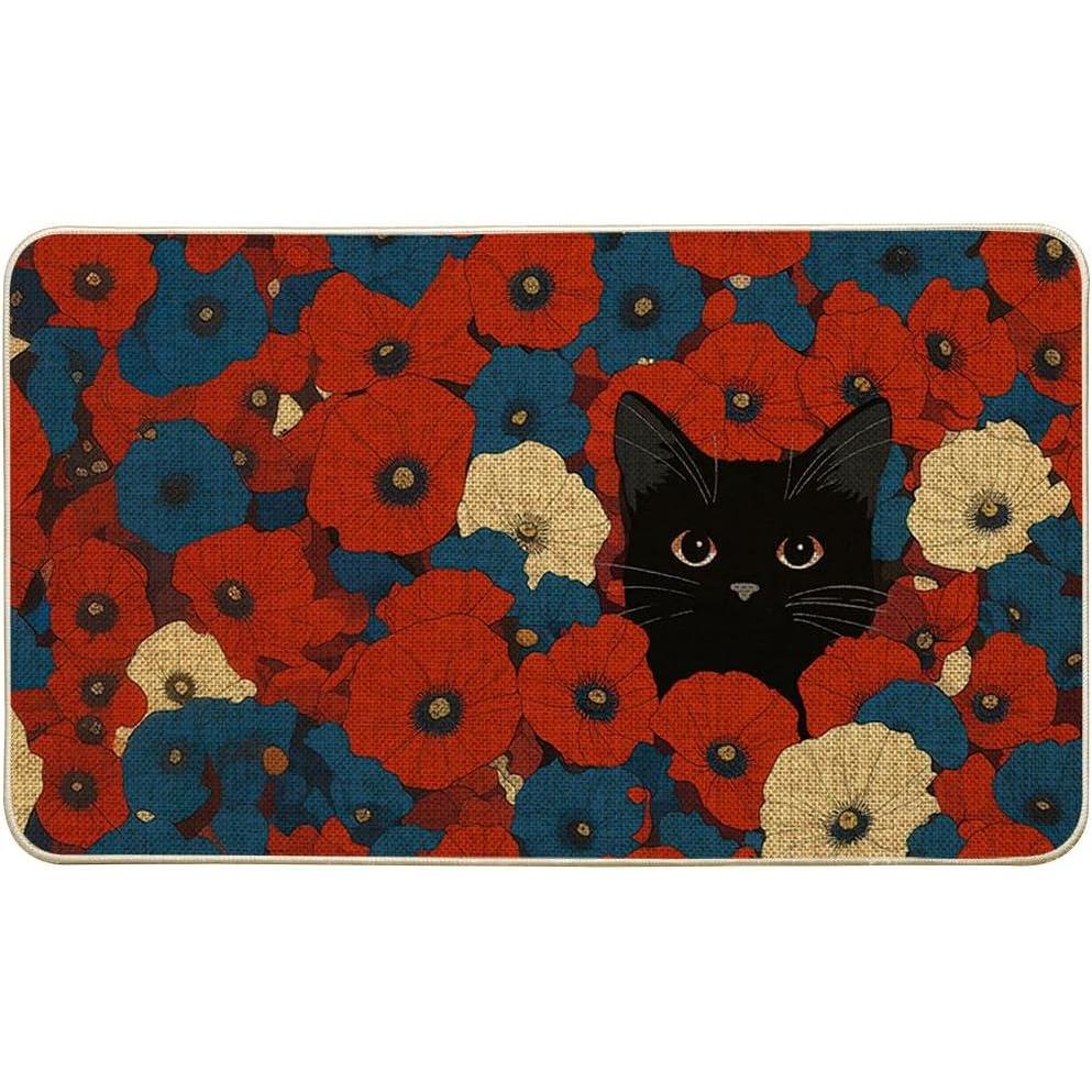 imageArtoid Mode Floral Red Flowers and Black Cat Patriotic 4TH of July Doormat Memorial Day Home Decor LowProfile Switch Rug Door Mat Floor Mat for Indoor Outdoor 17x29 Inch