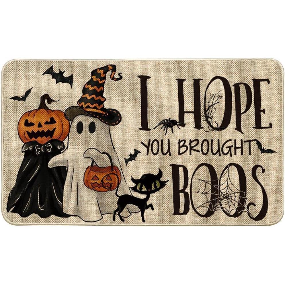 imageArtoid Mode Ghost Pumpkins Cat Halloween Doormat I Hope You Brought Boos Spider Web Home Decor LowProfile Switch Rug Door Mat Floor Mat for Indoor Outdoor 17x29 InchBeige