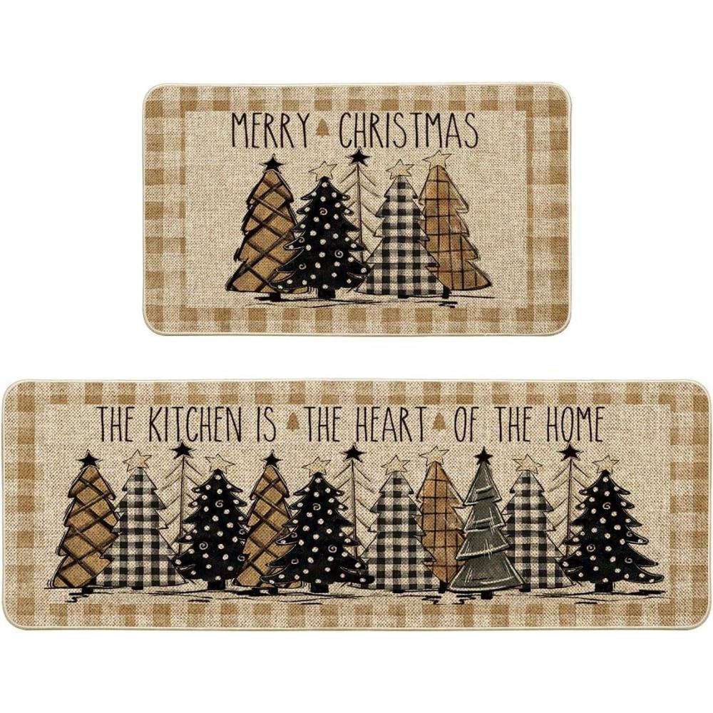 imageArtoid Mode Green Buffalo Plaid Xmas Tree Merry Christmas Kitchen Mats Set of 2 Winter Home Decor LowProfile Kitchen Rugs for Floor  17x29 and 17x47 InchBrownBeige
